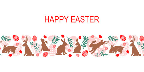 Easter greeting card horizontal design with bunnies, palm and eggs