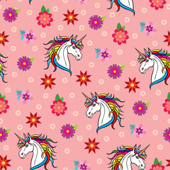 Obraz premium Unicorn muzzle and flowers pattern seamless