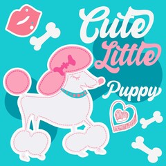 Fototapeta premium Illustration vector cute dog with heart and text flowers background