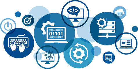 software engineering or programming vector illustration. Blue concept related to html coding, beta testing an application, software or app design & development, implementation & verification.