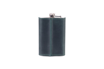 Stainless steel hip flask with leather cover isolated on white background