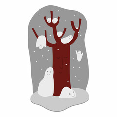 A tree in the snow. A fairy-tale character. Vector winter illustration.