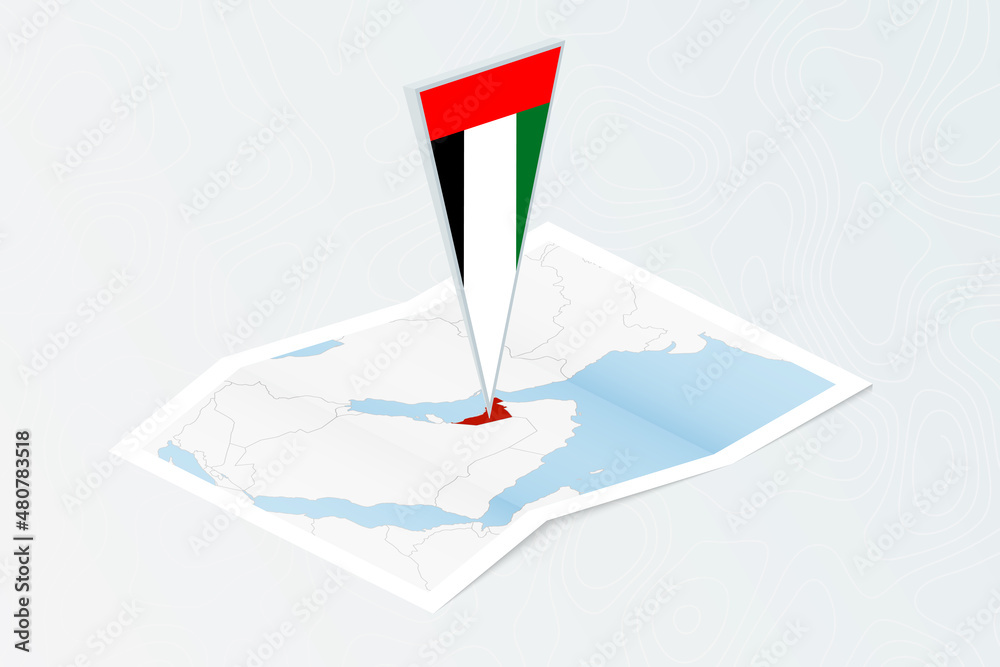 Wall mural Isometric paper map of United Arab Emirates with triangular flag of United Arab Emirates in isometric style. Map on topographic background.