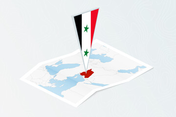 Isometric paper map of Syria with triangular flag of Syria in isometric style. Map on topographic background.