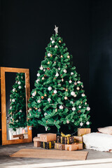 Christmas interior in living room with large Christmas tree and many presents.