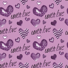 Seamless pattern of watercolor of hearts on purple background Valentine's Day and the inscription