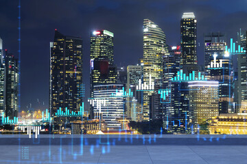 Rooftop with concrete terrace, Singapore night skyline. Forecasting and business modeling of financial markets hologram digital charts. City downtown. Double exposure.
