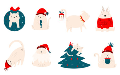 Vector illustration of funny Christmas cats, kittens in different poses, clothes