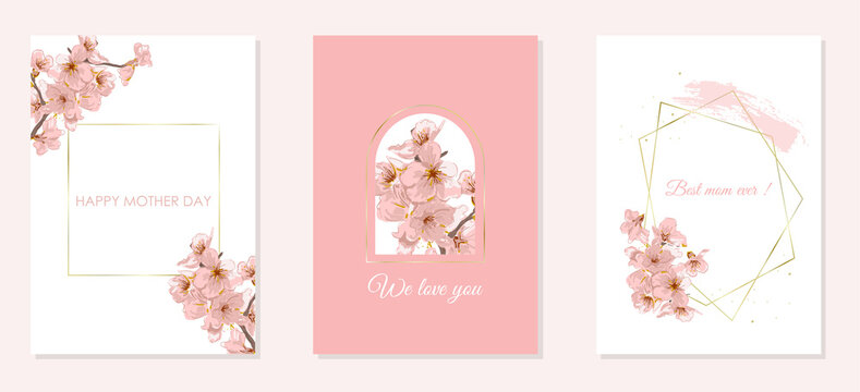 Vector postcard branch of cherry blossoms. Exotic cherry blossoms.Happy Mother's Day!