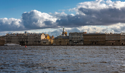 View of the Palace Embankment and the Neva River on windy day.