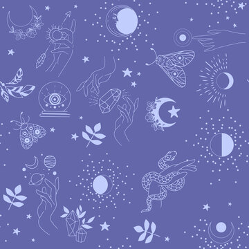 Seamless pattern in very peri color of witch and magic attributes in boho style. With magical symbols of a butterfly, a hand, a crystal ball, an all-seeing eye, a snake and a potion.
