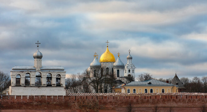 View of the domes of the Hagia Sophia, the Belfry and the fortress wall of the Detinets Kremlin in Veliky Novgorod.