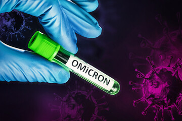 Doctor holding medical tube with sample of variant of coronavirus mutations omicron. Virus cell...