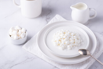 Fototapeta na wymiar Fresh cottage cheese grain in a white bowl and marshmallows. Curd in granules with cream. Copy space.