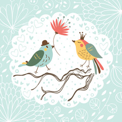 Fototapeta na wymiar Happy Birthday. Postcard or print with birds and flowers.