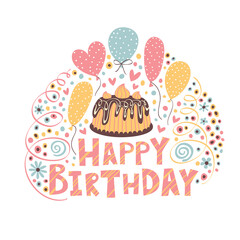 Happy Birthday. Greeting card with cake, hearts and balloons.