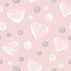 Seamless pattern with hearts on a pink background. Drawn in children's style.