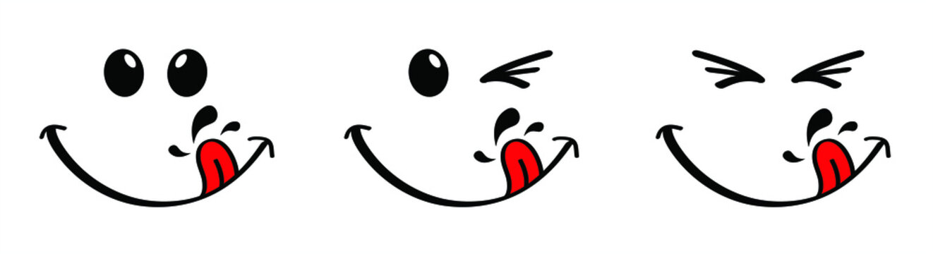 Yummy smile face with red tongue lick and saliva. Vector laugh cartoon slobber sign,  icon. Delicious, hungry, tasty eating. Lips or lips symbol. licking logo. Savour eating. Concept of enjoy everyday