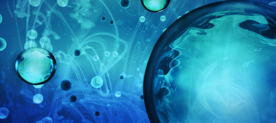 Bubbles gel extreme close up, 3D rendering shot. Blue liquid background ideal for hair styling cosmetic products, such as hair gels, beauty or cleaning sprays sprays