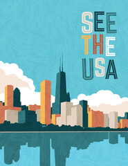 Fototapeta premium USA travel poster design template. Chicago skyline on Lake Michigan. Gradient free vector illustration.