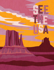 USA travel poster design template. Southwest desert scene of buttes and dramatic sunset. Gradient free vector illustration. - 480787982