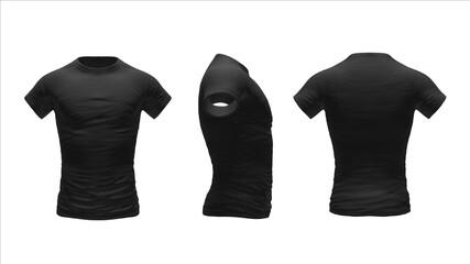 Black T-shirt template set, front, side, back view mockup. 3D Rendering