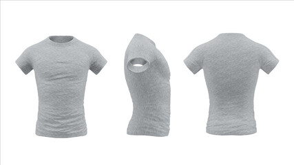 Gray T-shirt template set, front, side, back view mockup. 3D Rendering