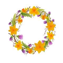 Watercolor spring wreath isolated with birch twigs and flowers