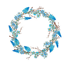 Watercolor spring wreath isolated with birch twigs and flowers