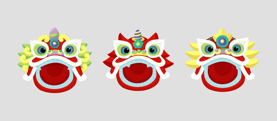 Cartoon collection with dance lion mask set for celebration decoration design. Isolated vector illustration. Happy chinese new year. Celebrate party graphic.
