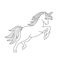 The outline of a beautiful unicorn in a jump. Cute horse coloring book for kids, sketch, black lines on white. Vector illustration.