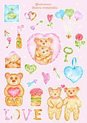 Obraz premium Stickers for Valentines days. Couple of teddy bears in love , arrows,hearts, rosses, key,ballons and romantic stuffs. Hand draw love illustartion. 14 febrbarry