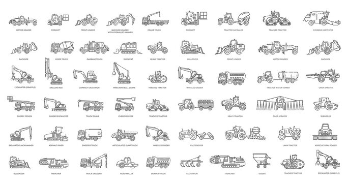 Construction vehicles and Agricultural machinery. Industrial transport vector icons