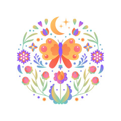 Ornamental round gradient floral pattern. Natural elements, flowers, leaves and butterfly. Spring floral circle shape