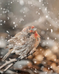 House Finch On Branch In Snow Fall