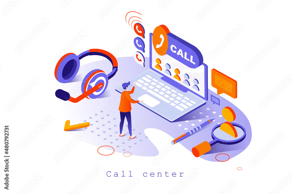 Fototapete call center concept in 3d isometric design. operator responds to customer calls and messages, techni