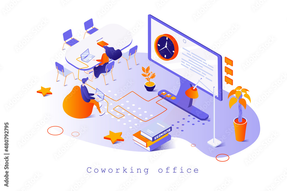 Aufkleber coworking office concept in 3d isometric design. colleagues work on laptops in open space, collabora