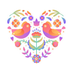 Bright gradient heart shape with flowers, birds and leaves. Romantic gradient floral ornament, folk motif.