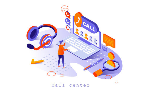 Call center concept in 3d isometric design. Operator responds to customer calls and messages, technical support and problem solving, web template with people scene. Vector illustration for webpage