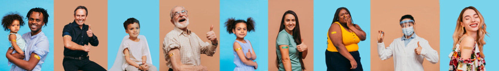 Coronavirus vaccination campaign banner, several portraits of diverse people getting vaccinated...