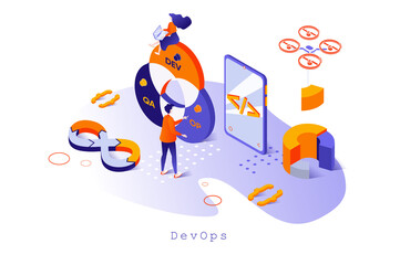 DevOps concept in 3d isometric design. Programming and development operations, working administration and workflow management service, web template with people scene. Vector illustration for webpage