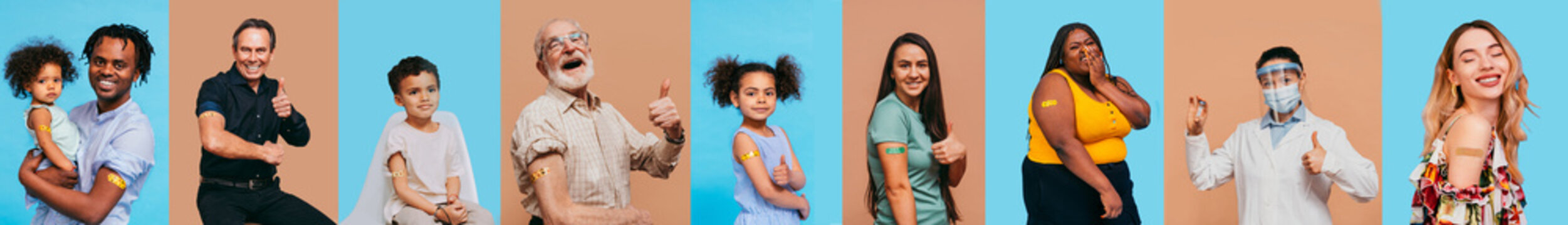 Coronavirus vaccination campaign banner, several portraits of diverse people getting vaccinated against covid-19 and showing prouply the injection plaster