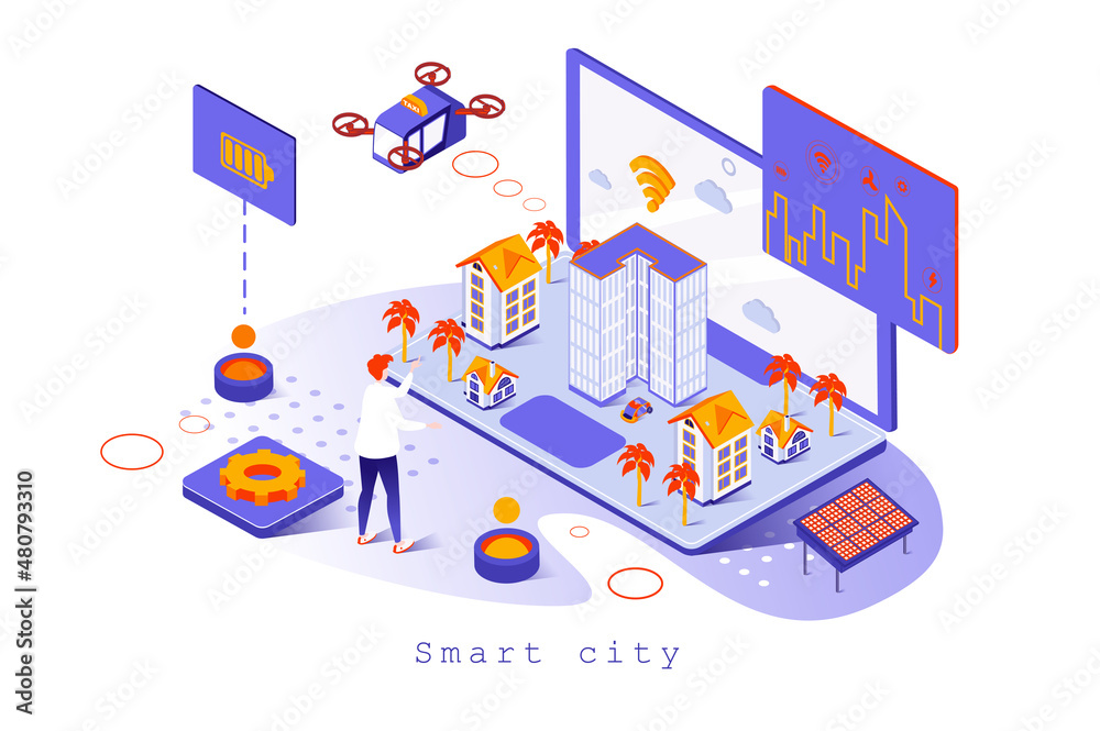 Poster smart city concept in 3d isometric design. futuristic cityscape with modern infrastructure, wi-fi te