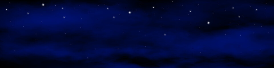 Fototapeta na wymiar Dunkler Hintergrund oder Banner mit dunkelblauen Wollen und einigen Sternen