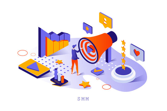 SMM concept in 3d isometric design. Online advertising, business promotion and attraction of new customers, social media marketing web template with people scene. Vector illustration for webpage