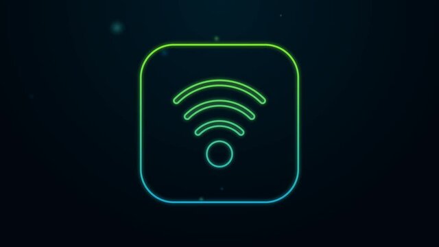 Glowing neon line Wi-Fi wireless internet network symbol icon isolated on black background. 4K Video motion graphic animation
