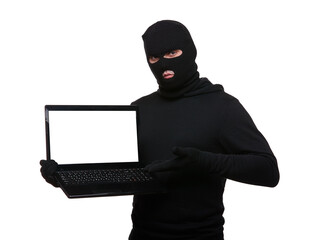 Thief in balaclava with laptop on a white background, free space.