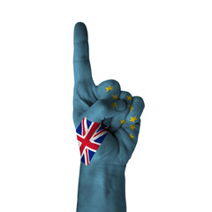 Hand pointing thumb up direction, tuvalu painted with flag as symbol of up direction, first and...