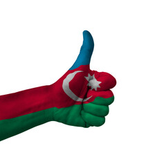 Hand making thumbs up sign, azerbaijan painted with flag as symbol of thumbs up, like, okay, positive  - isolated on white background