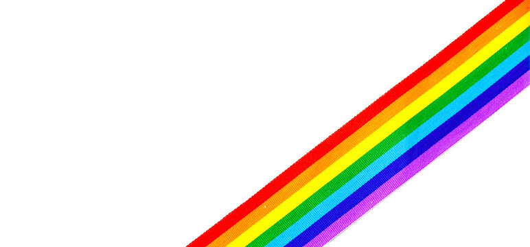 Colorful rainbow ribbon border design. LGBT colourful corner design, isolated on white background. Gay pride design. Ribbon or banner with flag of LGBTQ pride border